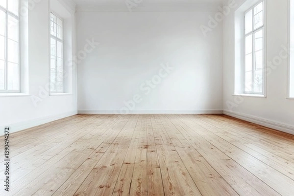 Obraz Bright empty room with wooden floor and white walls illuminated by natural light from windows on sides