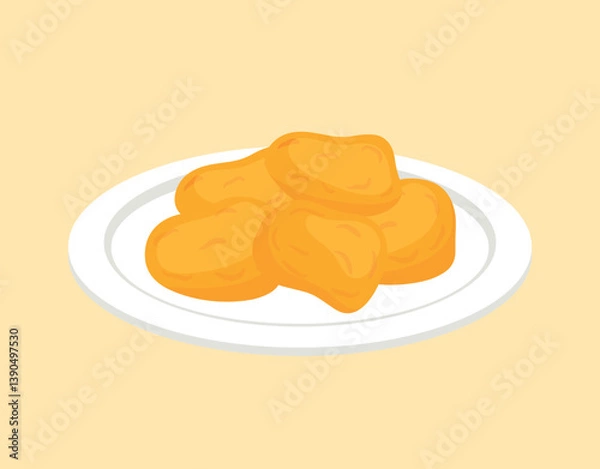 Obraz Chicken Nuggets on White Plate Fast Food Icon in Cute Cartoon Hand Drawn Vector Illustration