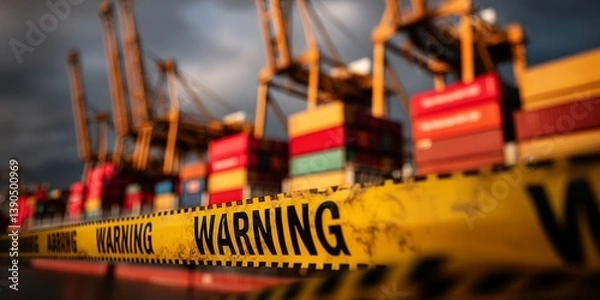 Obraz Warning tape blocking access to a shipping port with stacked cargo containers in the background. Conceptual image representing U.S. import tariffs, trade restrictions, or supply chain disruption.