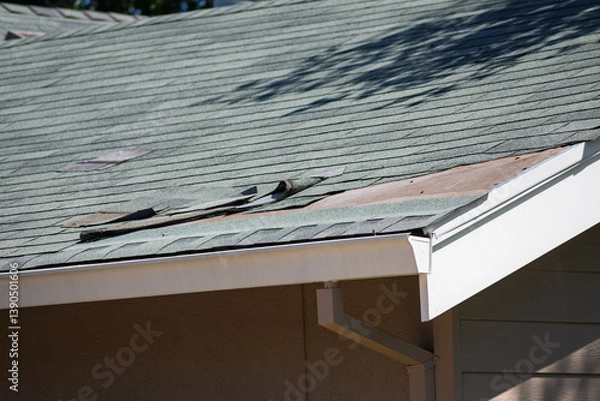 Fototapeta Asphalt shingle roofing on a residential home with visible damage, curled edges, and exposed sheathing. Close up.