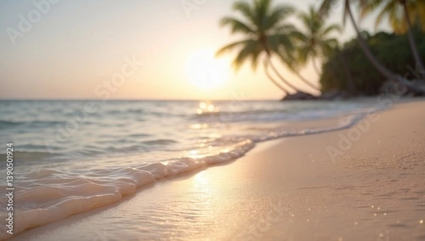Obraz Summer blurred natural panoramic view of a tropical beach featuring palm trees and golden sand.