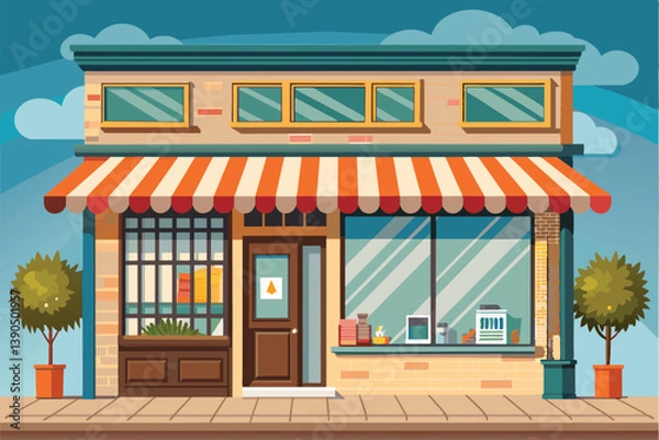 Fototapeta A quaint storefront features a colorful striped awning and potted plants beside the entrance, showcasing an inviting atmosphere on a bright, clear day.