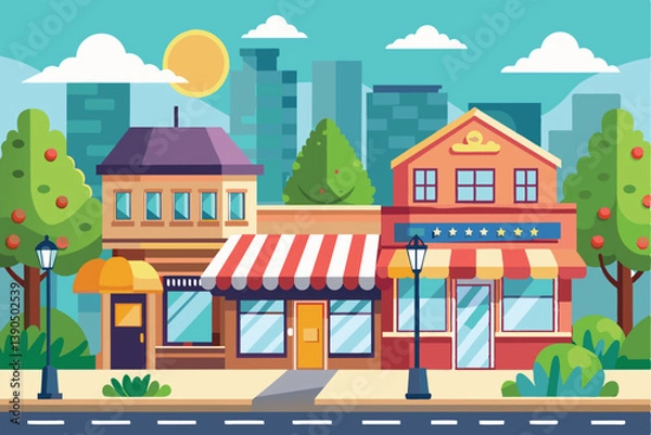 Fototapeta A picturesque urban street showcases a variety of charming shops with colorful facades. The scene is illuminated by bright sunlight and greenery, creating a welcoming atmosphere.