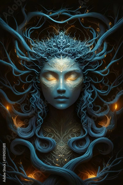 Obraz art portrait of beautiful   Eyva tree- goddess in bluecolor with golden light. close up. Digital artwork. Ai generated
