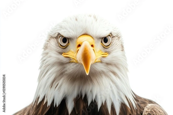 Obraz Close up portrait of a bald eagle with piercing eyes against a plain white background staring ahead