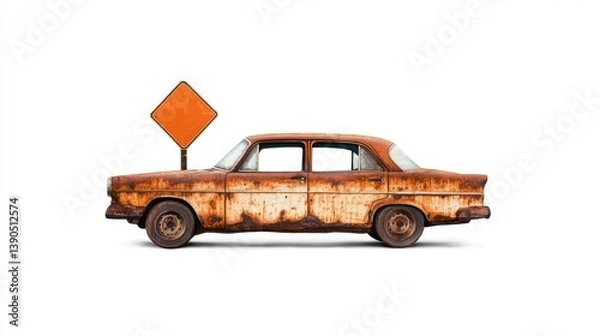 Fototapeta A vintage rusty car parked against a blank background showcasing its weathered texture and character.