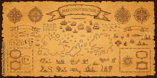 Obraz Vintage pirate map constructor, vector set of elements on aged parchment background for treasure hunt, exploration and fantasy adventure. Compass roses, sea monsters, sailing ships, skulls and islands