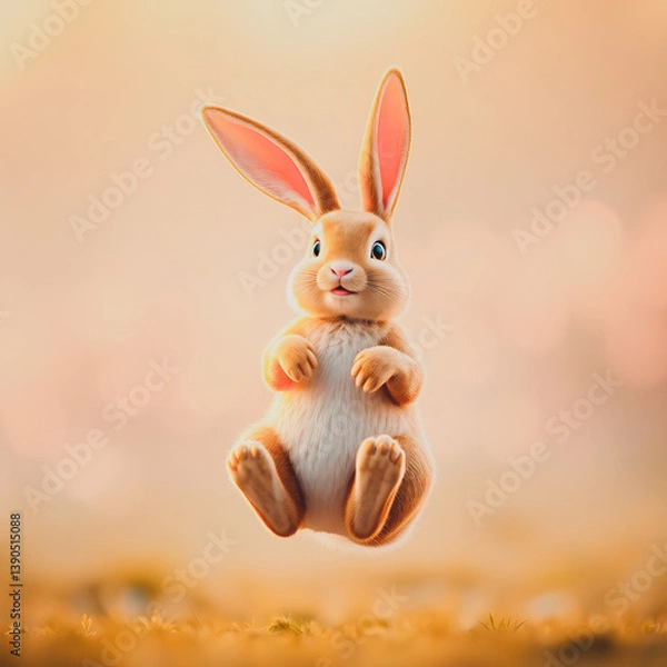 Fototapeta A joyful rabbit with big ears and a happy expression floats mid-air, surrounded by soft, warm hues creating a dreamy atmosphere, evoking feelings of lightheartedness and joy. Levitation