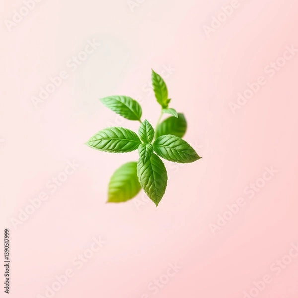 Fototapeta A cluster of vibrant green basil leaves elegantly displayed against a soft pink backdrop, highlighting the freshness and greenery, perfect for culinary and herbal themes