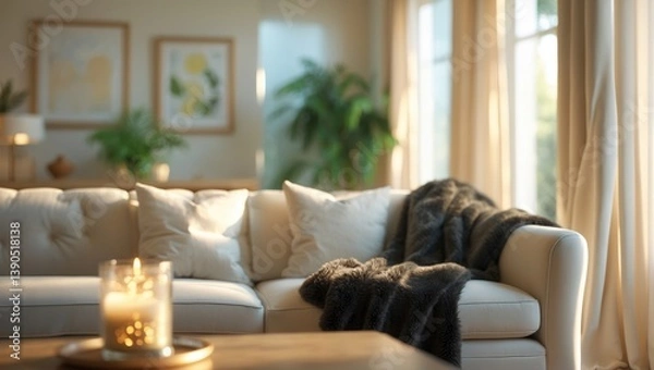 Fototapeta Neutral tones and light wood accents in a bright, airy living room create a cozy atmosphere, enhanced by a softly blurred background, perfect for unwinding.
