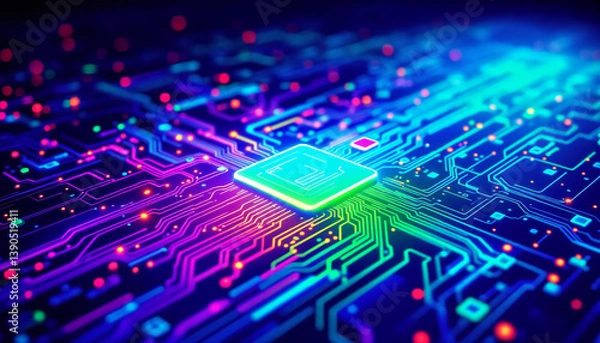 Fototapeta A vibrant, abstract rendering of a computer circuit board, featuring a glowing green central processing unit amidst intricate, multi-colored pathways.