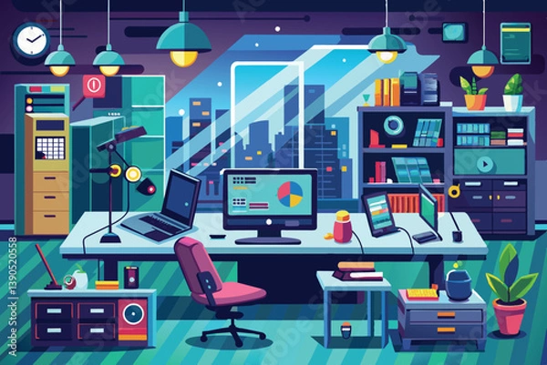 Fototapeta This modern office features multiple screens, a stylish chair, and vibrant plants, creating an inviting workspace with a stunning city skyline view at night.