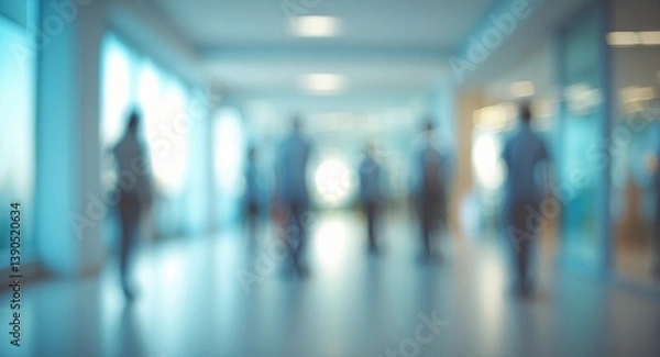 Fototapeta Charming panoramic view of a roomy office or mall hallway featuring a beautiful light blue blurred backdrop.