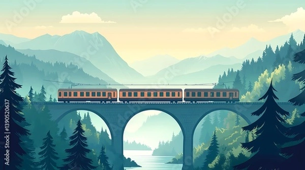 Obraz Train on bridge crossing mountain river valley.