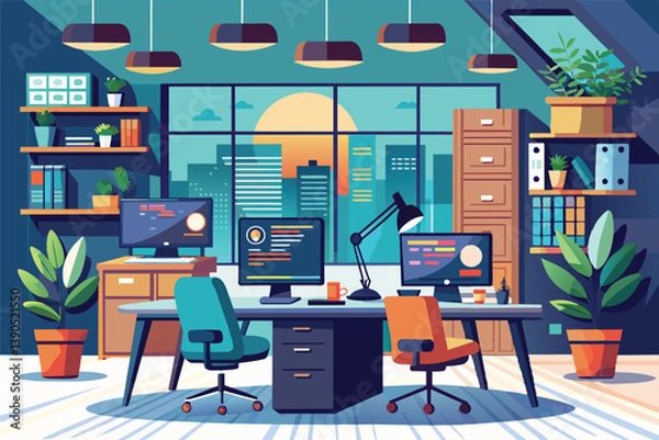 Fototapeta A contemporary office featuring two desks with computers, colorful chairs, vibrant plants, and a stunning view of a city skyline illuminated by a sunset.