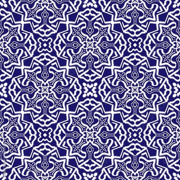 Obraz Intricate blue and white ikat-inspired pattern with star and scroll motifs, textile graphic, ikat pattern, Traditional Design