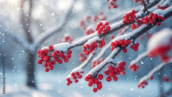 Fototapeta Breathtaking snowy winter setting with icy rowan trees. Red rowan berries enveloped in snow.