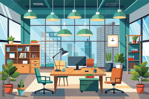 Fototapeta This workspace features a contemporary design with a large desk, plants, and bookshelves. Sunlight streams through expansive windows, highlighting the city view.