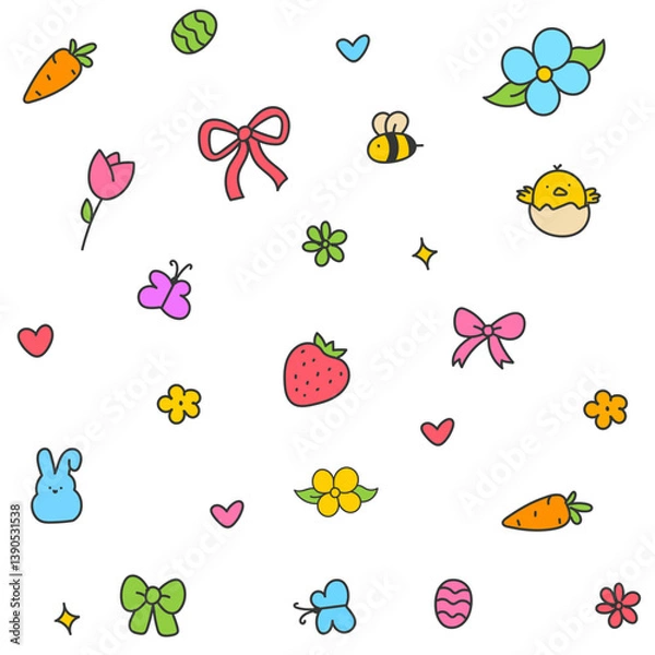 Obraz Hello April . Cute set of spring elements. Birds, flowers, insects, leaves.  flowers in bloom, geese and rabbits, vintage style, vector design. Happy Easter poster. Easter eggs and bunny in flowers 