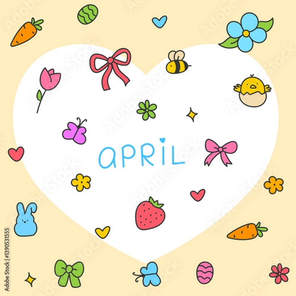 Obraz Hello April . Cute set of spring elements. Birds, flowers, insects, leaves.  flowers in bloom, geese and rabbits, vintage style, vector design. Happy Easter poster. Easter eggs and bunny in flowers 