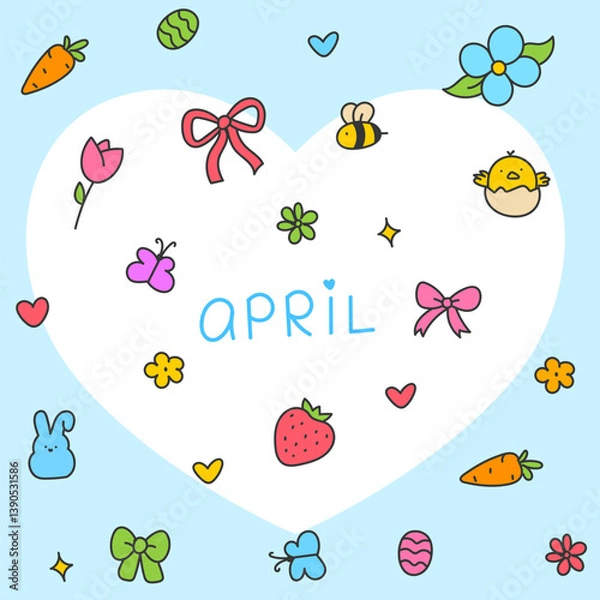 Obraz Hello April . Cute set of spring elements. Birds, flowers, insects, leaves.  flowers in bloom, geese and rabbits, vintage style, vector design. Happy Easter poster. Easter eggs and bunny in flowers 