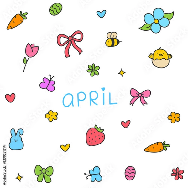 Obraz Hello April . Cute set of spring elements. Birds, flowers, insects, leaves.  flowers in bloom, geese and rabbits, vintage style, vector design. Happy Easter poster. Easter eggs and bunny in flowers 