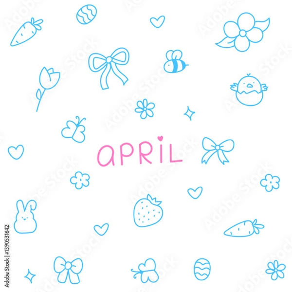 Obraz Hello April . Cute set of spring elements. Birds, flowers, insects, leaves.  flowers in bloom, geese and rabbits, vintage style, vector design. Happy Easter poster. Easter eggs and bunny in flowers 