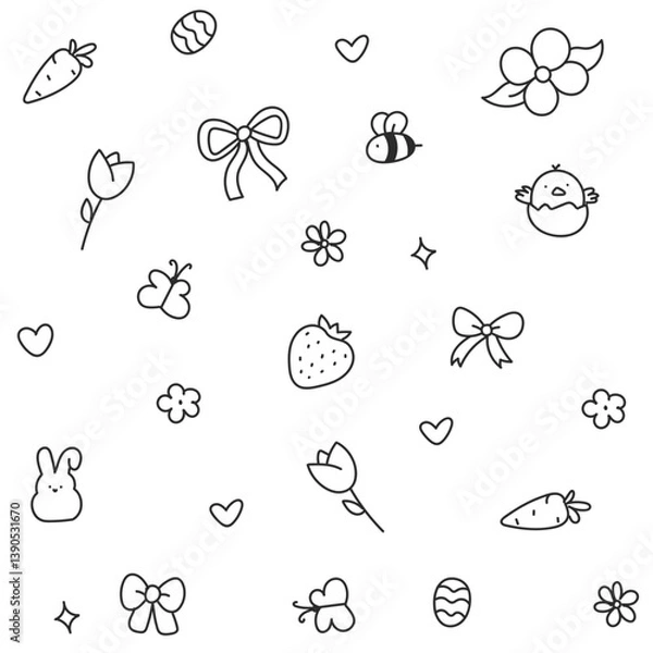 Obraz Hello April . Cute set of spring elements. Birds, flowers, insects, leaves.  flowers in bloom, geese and rabbits, vintage style, vector design. Happy Easter poster. Easter eggs and bunny in flowers 