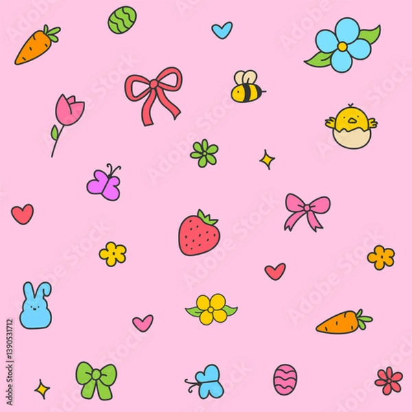 Obraz Hello April . Cute set of spring elements. Birds, flowers, insects, leaves.  flowers in bloom, geese and rabbits, vintage style, vector design. Happy Easter poster. Easter eggs and bunny in flowers 