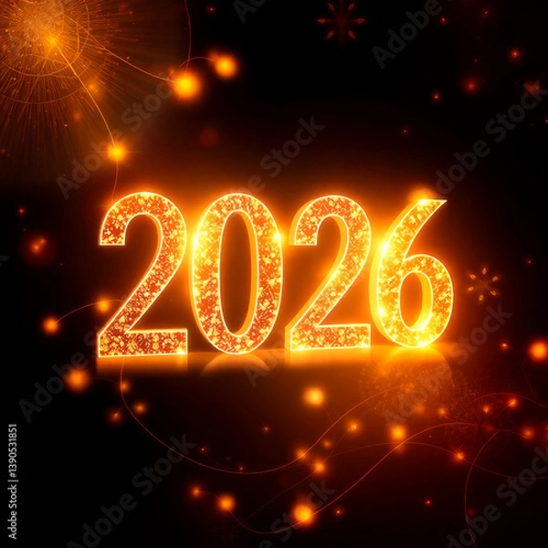 Fototapeta Bold, illuminated numbers '2026' shine vibrantly against a dark background, embellished with sparkling lights and effects, conveying a sense of celebration and anticipation for the new year