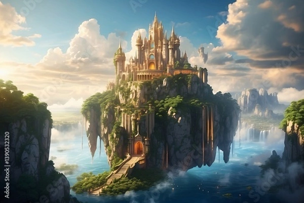 Fototapeta Fantasy Castle in the Sky with Magical Floating Islands and Golden Sunlight