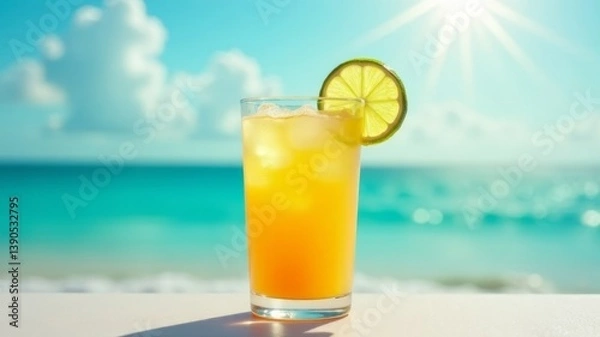 Fototapeta Refreshing tropical juice with lime slice on sunny beach background in summer.