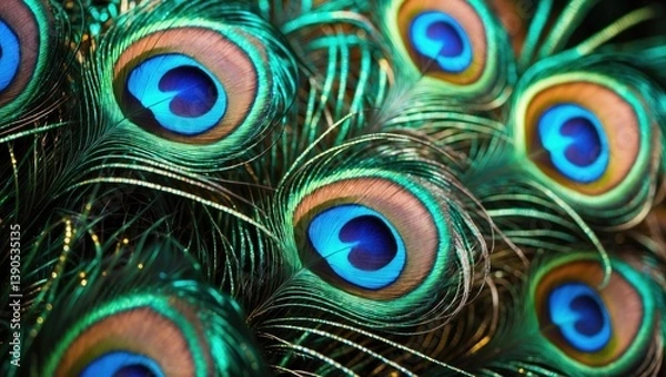 Fototapeta Background design with colorful peacock feathers and eye patterns