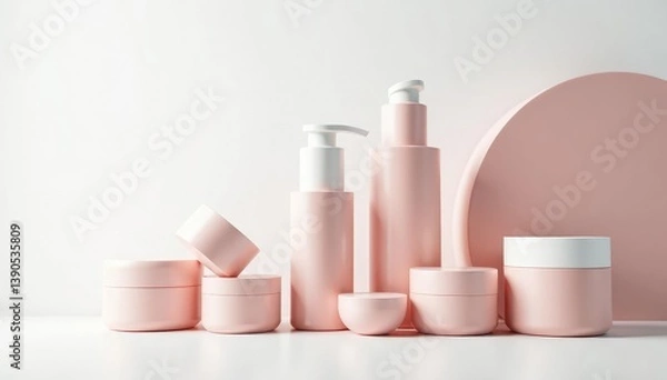 Fototapeta Various cosmetic containers, pristine white backdrop , flat lay, tools