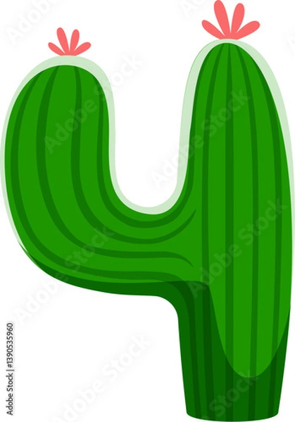 Obraz Summer travel font or type, number 4 typeface as cactus, cartoon vector. Summer travel and vacations font of opuntia cactus or tropical plant with flowers in shape of number four for holidays type