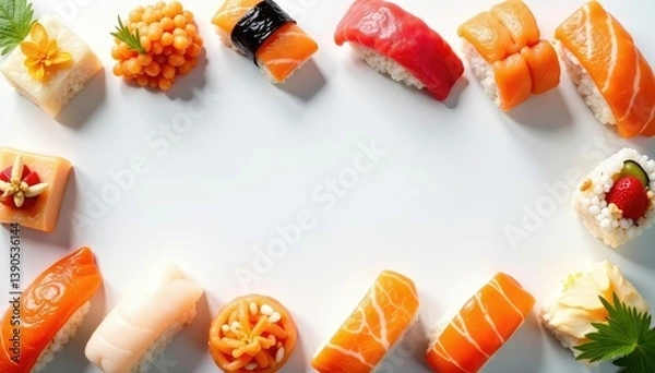 Fototapeta Various sushi pieces arranged on white background , overhead shot, eat