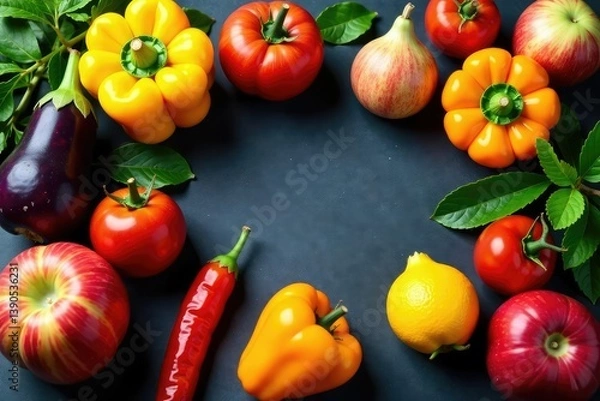 Fototapeta Various untouched fruits and vegetables on a table , white background, raw, plant based diet
