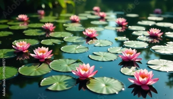 Fototapeta Water lilies form a repeating pattern across a still lake, plant, calm