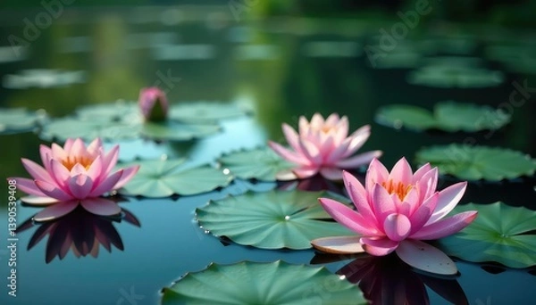 Fototapeta Water lilies & lotus blossoms form a serene floral pattern on a calm lake surface , reflection, texture