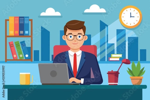 Fototapeta A man in business attire is focused on his laptop at a tidy desk in a bright office. Shelves filled with books and a plant add a touch of life to the workspace.