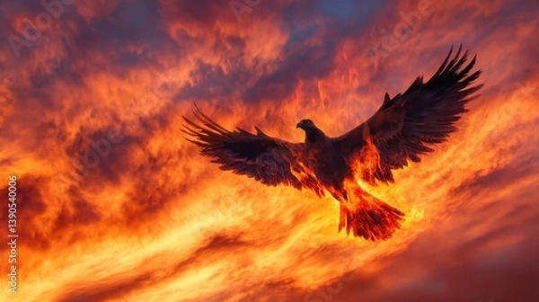 Fototapeta A soaring bird ablaze within the vibrant orange and red sky