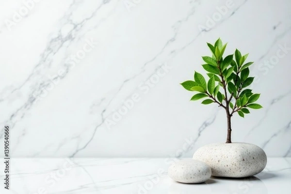 Fototapeta White marble texture with a small tree branch, stone, nature