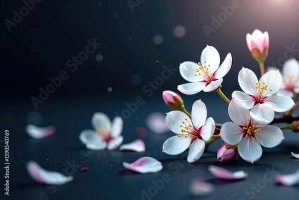 Fototapeta White sakura flowers, scattered petals on dark background , subtle, simple, spring