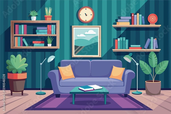 Fototapeta A bright living room features a comfortable sofa with orange cushions, vibrant plants, and stylish shelves filled with books. The clock adds charm to the decor.