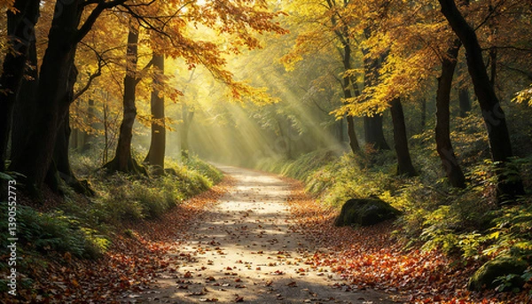 Obraz Golden Path Through Autumn Woods: A picturesque path winds through a woodland, bathed in the warm, golden light of a late autumn sun. The trees, their leaves ablaze in fiery hues.