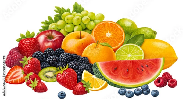 Fototapeta Colorful composition of various fresh fruits: strawberry, watermelon, orange, apple, lime, kiwi, raspberry, grape, lemon.