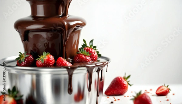 Obraz Chocolate Fountain with Strawberries: Indulge your senses with this decadent image of a rich, dark chocolate fountain cascading over fresh, ripe strawberries.