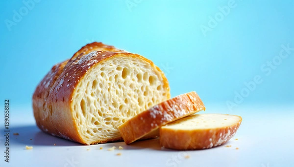 Obraz Freshly Baked Bread Slices: A close-up of a crusty loaf of bread, freshly baked and sliced, ready for a satisfying meal. The soft.