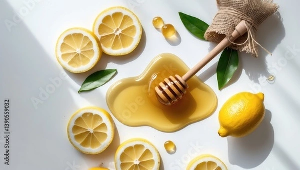 Fototapeta Top view of honey and lemon on a white background illustrating benefits of honey and lemon. Natural skincare, excellent drink recipe, remedy. Simplest method to alleviate sore throat and coughing.
