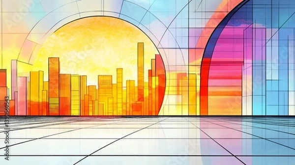 Fototapeta Abstract futuristic city skyline in warm colorful tones with geometric sunrise and copy space